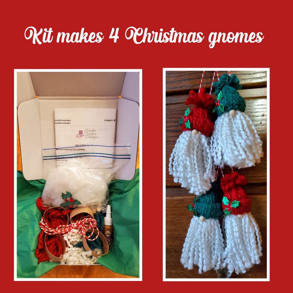 Christmas Yarn Gnome Kit - No Sew DIY - Makes 4 - Giftable - Nodo Firmo Designs